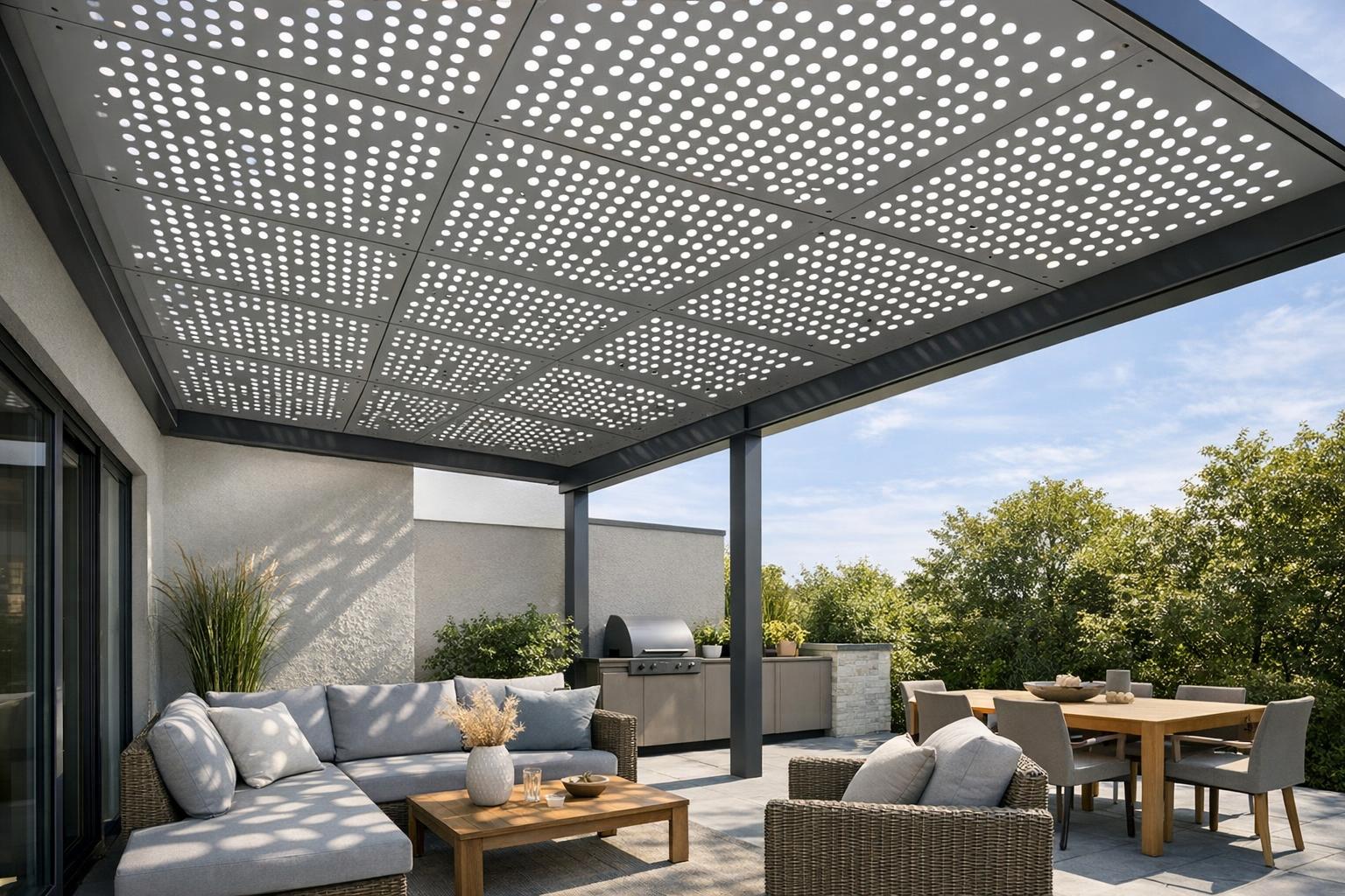 Zdjęcie lekkiego zadaszenia perforowanego nad tarasem