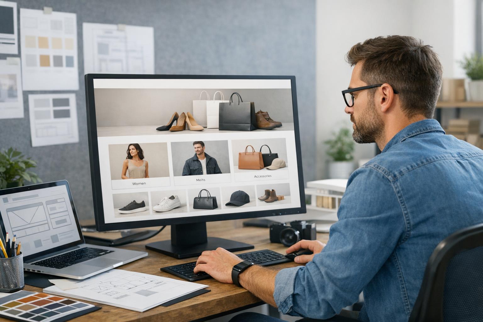 Zdjęcie projektanta przy komputerze z makietą sklepu