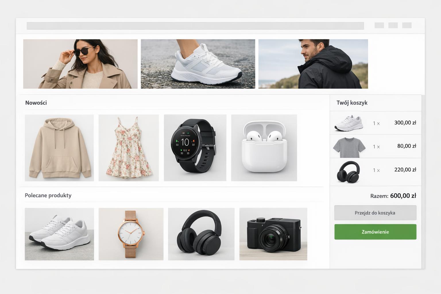 Zdjęcie ekranu sklepu internetowego z widocznymi produktami i koszykiem